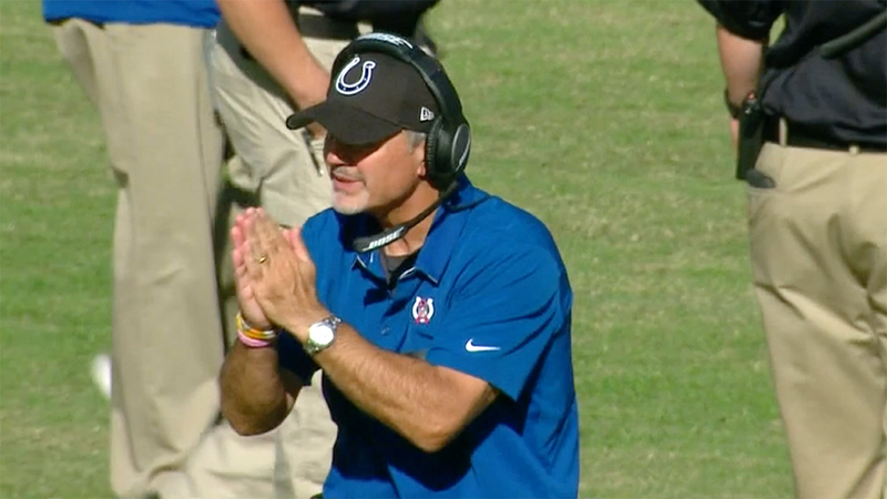 Indianapolis Colts head coach Chuck Pagano, seen here pleading with his charges to lose. (Screenshot: CBS)